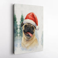 Santa Hat Pug Dog Poster, Christmas Pug Wall Art Printable, Watercolor Holiday Puppy Print Digital Download, Festive Pet Lover Present
