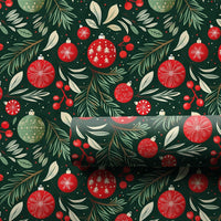 Pine Bough Holiday Gift Wrap, Christmas Ornament Wrapping Paper, Dark Green Red Festive Wrapping Paper, Winter Holiday Gift Wrap Roll