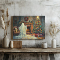 Spooky Adorable Holiday Fireplace Poster, Ghost Christmas Tree Canvas Wall Art, Comfy Winter Scene Print, Digital Download Xmas Decor