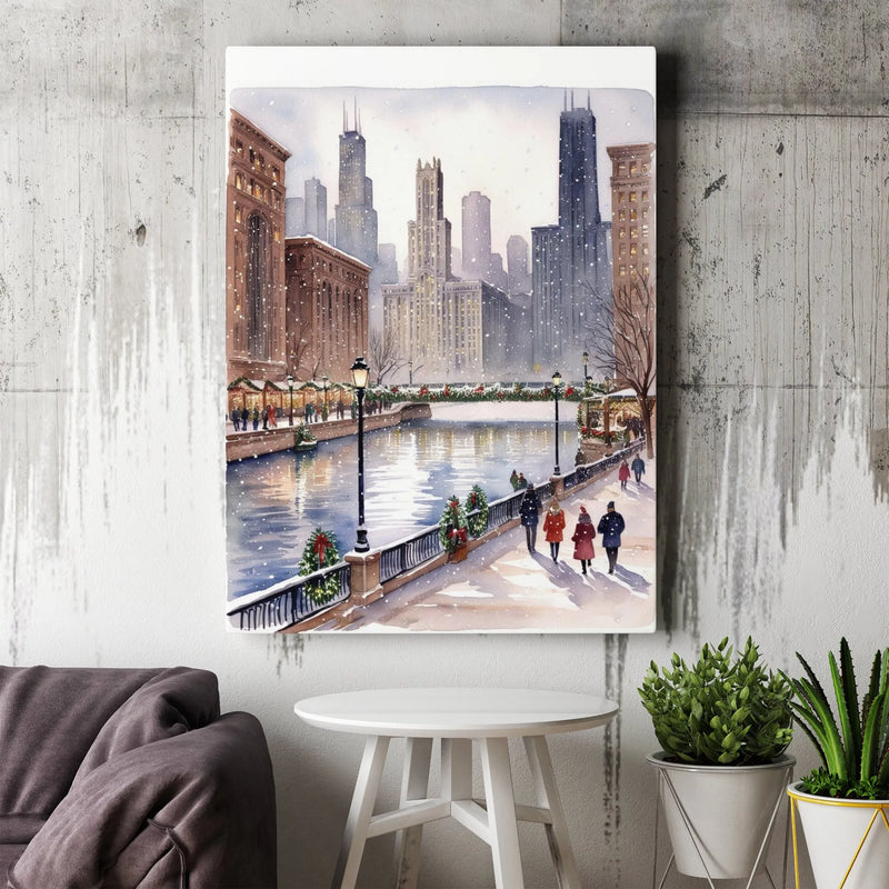Winter Snow Landscape Canvas Print, Chicago Riverwalk Canvas Art, Christmas Cityscape Canvas Wall Decor, Chicago Skyline Holiday Canvas Present