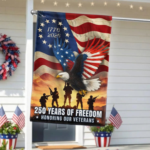 Veterans Day Garden Flag | 250 Years of Freedom Eagle & US Flag Design | Double-Sided Polyester | Patriotic Military Tribute Gift
