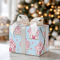 Pastel Christmas Wrapping Paper, Pink Gingerbread House Wrapping Paper, Watercolor Holiday Gift Wrap, Adorable Winter Present Wrapping Paper