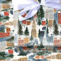 Snowy Urban Skyline Gift Wrap, Winter Cityscape Christmas Wrapping Paper, Watercolor City Holiday Wrapping Paper