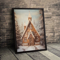 Winter Forest Holiday Painting, Gingerbread Church Christmas Canvas Wall Art, Festive Christmas Village Decor Digital Download