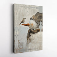 Adorable Winter Bird Canvas Print, Whimsical Snowman Canvas Wall Art, Holiday Snowman Canvas Art, Festive Farmhouse Wall Decor, Christmas Present