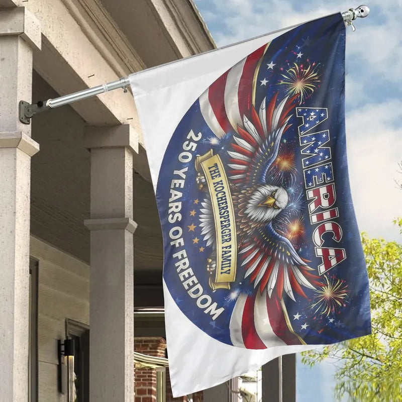 Personalized American Eagle House Flag | Custom Family Name Banner | Double-Sided 250 Years of Freedom Decor | Premium Patriotic Gift for Yard