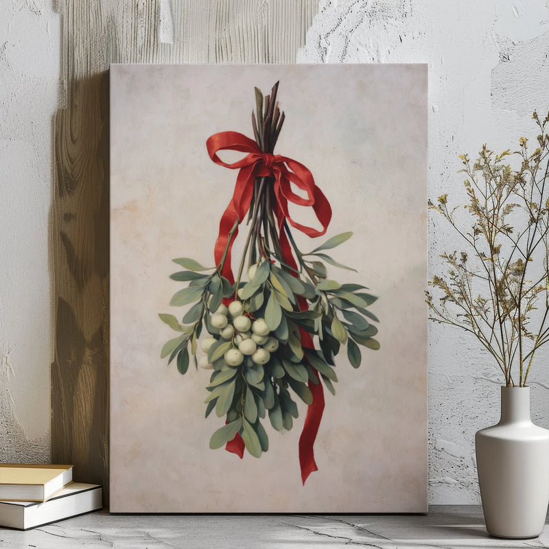 Vintage Holiday Botanical Canvas Wall Art, Mistletoe Canvas Print, Festive Christmas Canvas Art, Winter Botanical Wall Decor Present