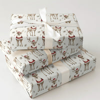 Santa Hat Reindeer Gift Wrap, Watercolor Reindeer Wrapping Paper, Festive Reindeer Christmas Paper Roll, Holiday Gift Wrapping Paper