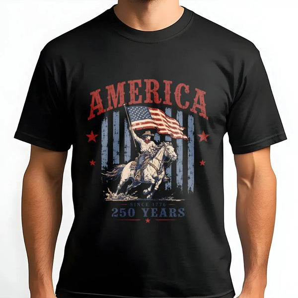 America 250 Years T-Shirt | Vintage Patriotic Horseback Flag Bearer Design | Soft Breathable Cotton | Gift for History Enthusiasts