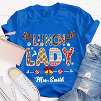 Custom Cafeteria Staff Holiday Shirt, Personalized Lunch Lady Christmas T-Shirt, Snowflake Bells Xmas Graphic Tee, School Worker Present