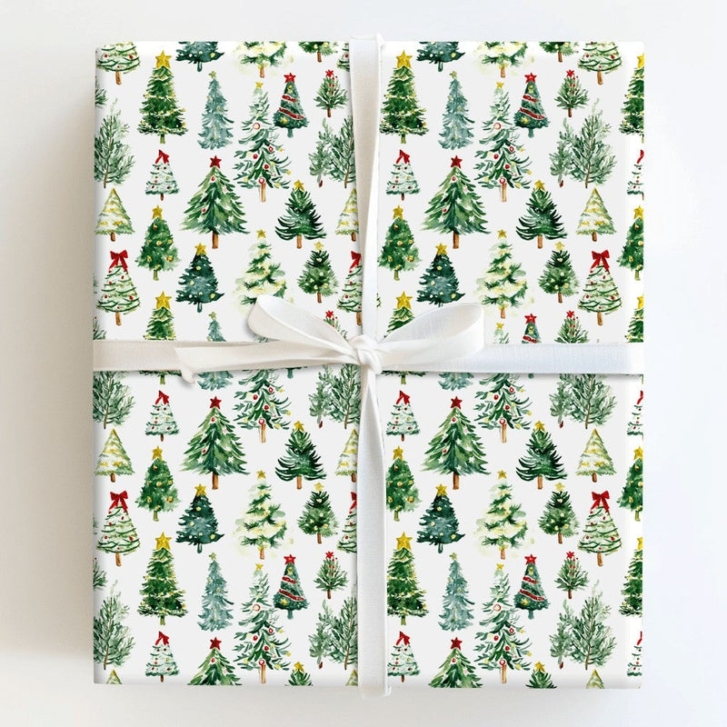 Festive Holiday Tree Gift Wrap, Watercolor Christmas Trees Wrapping Paper, Green Xmas Trees Wrapping Paper, Winter Forest Holiday Gift Wrap