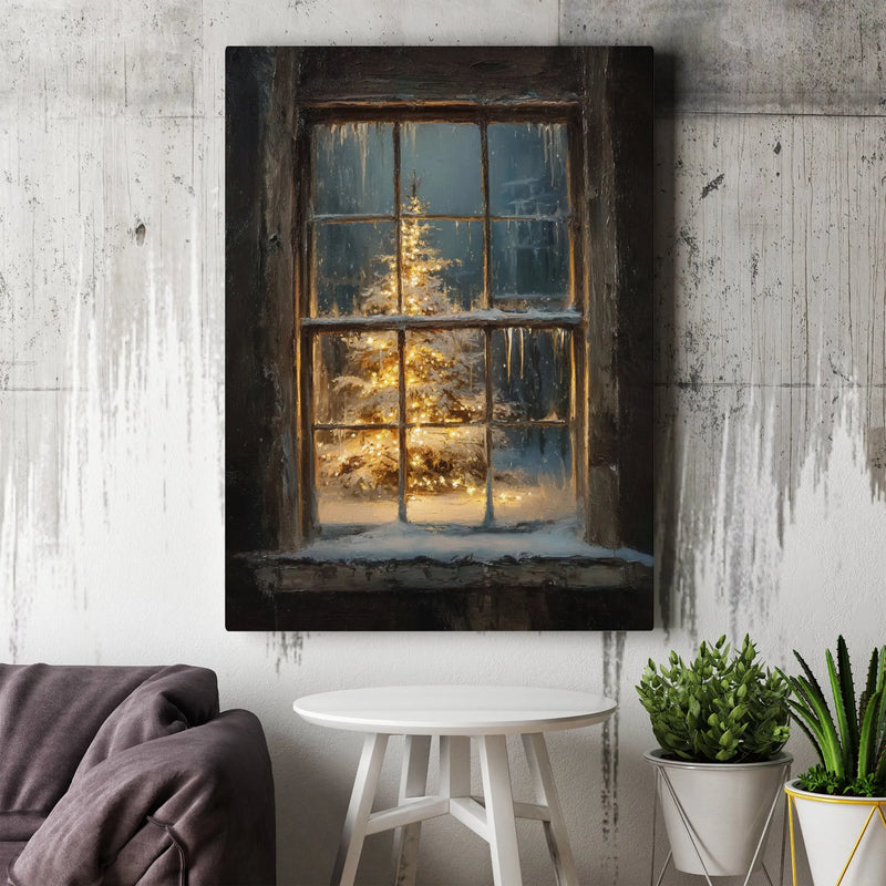 Snowy Window Winter Landscape Canvas Wall Art, Christmas Tree Canvas Print, Comfy Holiday Canvas Decor, Rustic Winter Season Canvas Art