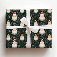 Retro Santa Gift Wrap Roll, Adorable Santa Claus Christmas Wrapping Paper, Festive Green Holiday Wrap, Winter Berry Present Paper Roll