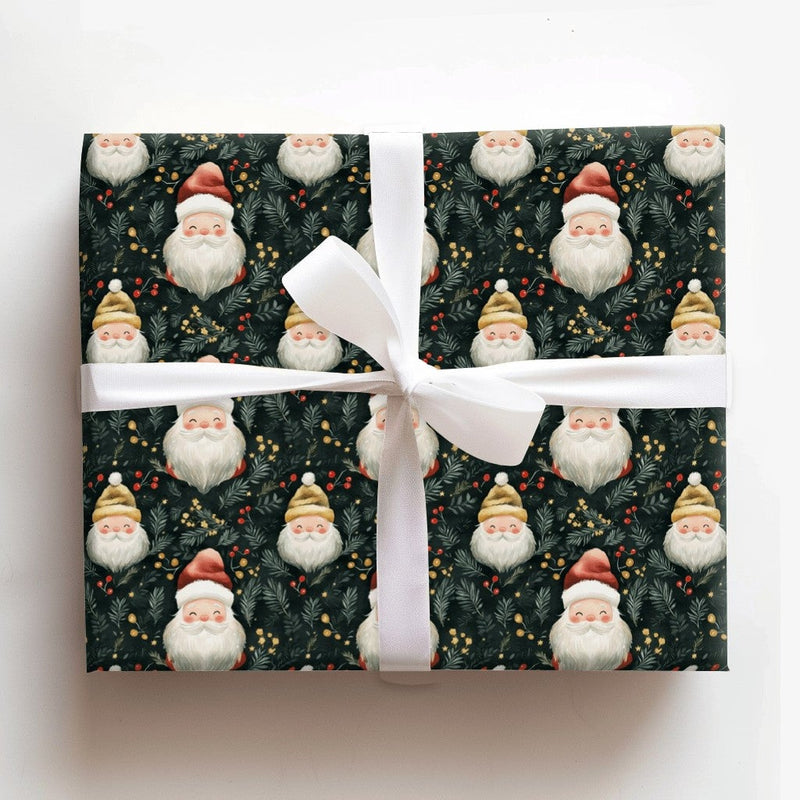 Retro Santa Gift Wrap Roll, Adorable Santa Claus Christmas Wrapping Paper, Festive Green Holiday Wrap, Winter Berry Present Paper Roll