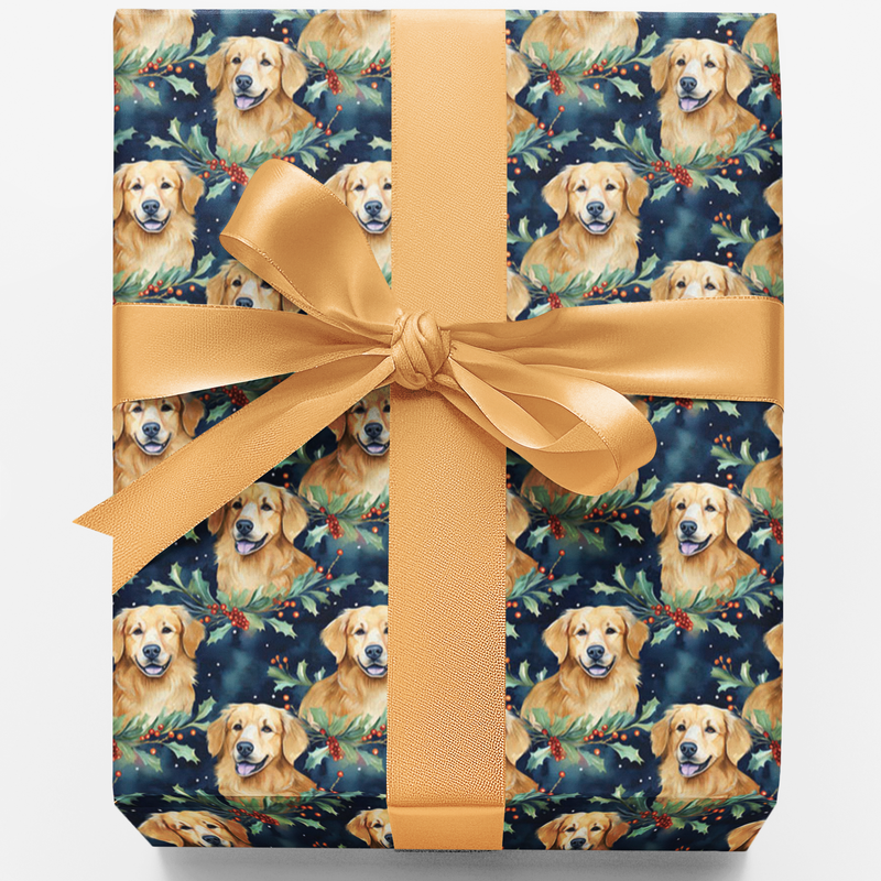 Watercolor Puppy Holiday Gift Wrap, Golden Retriever Christmas Wrapping Paper, Festive Dog Present Paper, Winter Dog Lover Wrapping Paper