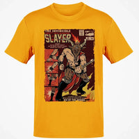 Retro Christmas Horror Graphic Tee, Krampus Slayer Vintage Comic T-Shirt, Creepy Holiday Monster Slayer Shirt, Dark Yuletide Graphic Top