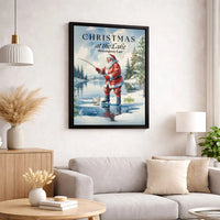 Santa Ice Fishing Winter Scene Wall Art, Christmas at the Lake Canvas Print, Rustic Holiday Cabin Canvas Decor, Festive Christmas Woods Present
