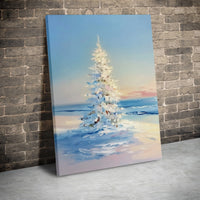 Snowy Beach Christmas Canvas Print, Coastal Christmas Tree Canvas Art, Impressionist Winter Wall Art, Coastal Holiday Beach Canvas Decor