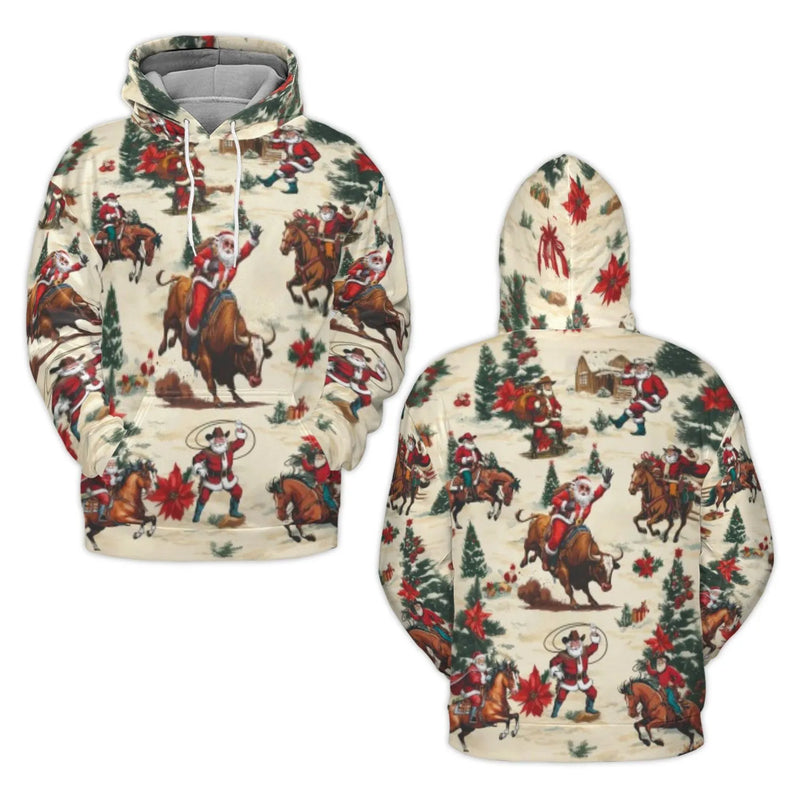 Bull Riding Christmas Hoodie, Western Cowboy Santa Hoodie, Rodeo Holiday Sweatshirt, Country Xmas Graphic Hoodie, Festive Rodeo Present