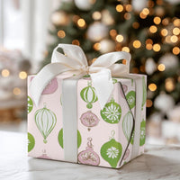 Pink and Green Holiday Gift Wrap, Retro Ornament Christmas Wrapping Paper, Vintage Bauble Wrapping Paper, Pastel Xmas Present Wrap Roll