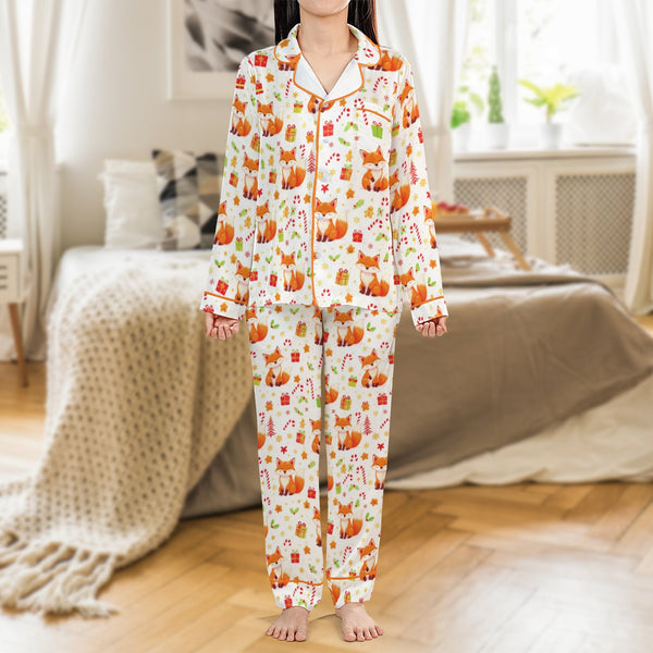 Holiday Animal Print Pajamas, Adorable Christmas Fox Satin Pajama Set, Festive Winter Loungewear Pajama Pants Set, Sleepwear 