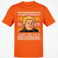 Ugly Christmas Sweater Graphic Tee, Hey Santa Can I Fix You Some Sandwiches T-Shirt, Humorous Holiday Movie Quote Shirt, Xmas Present