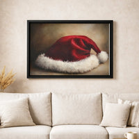 Rustic Vintage Christmas Canvas Print, Santa Hat Oil Painting Wall Art, Holiday Santa Wall Decor, Festive Xmas Season Canvas Poster