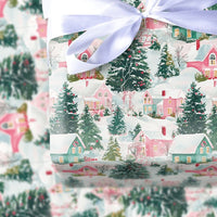 Watercolor Holiday Gift Wrap, Pastel Winter Village Christmas Wrapping Paper, Pink Green Christmas Tree Wrap, Comfy Snowy Village Present Paper