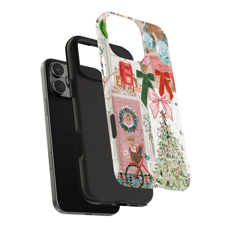 Watercolor Door Wreath Disco Ball Cover, Pink Christmas Collage iPhone Phone Case, Festive Holiday Tough Phone Case, Xmas Present for Her