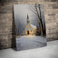 Snowy Christmas Tree Scene Canvas Print, Winter Church Canvas Wall Art, Comfy Rustic Chapel Canvas Art, Holiday Season Wall Decor Present