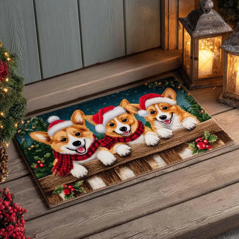 Festive Dog Santa Hat Welcome Mat, Christmas Trio Corgis Doormat, Adorable Holiday Corgi Door Mat, Winter Porch Entryway Mat, Dog Lover Present