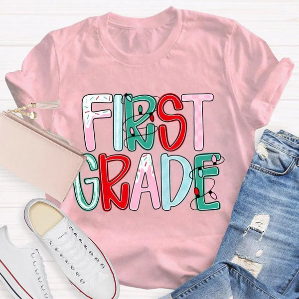 Custom Holiday Font 1st Grade Tee, Personalized First Grade Christmas Shirt, Teacher Student Xmas T-Shirt, Christmas Grade Sh
