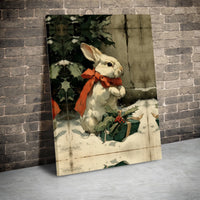 White Bunny Red Bow Poster, Vintage Christmas Rabbit Wall Art, Holiday Bunny Illustration Print, Festive Animal Decor
