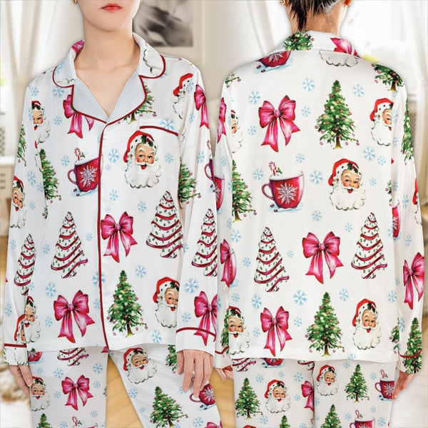 Christmas Tree Holiday Pajamas, Vintage Santa Satin Pajama Set, Retro Winter Sleepwear, Silky Xmas Pajama Set, Holiday Lounge