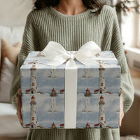 Coastal Nautical Holiday Gift Wrap, Snowy Lighthouse Christmas Wrapping Paper, Winter Wreath Wrapping Paper, Festive Wrapping Paper Roll