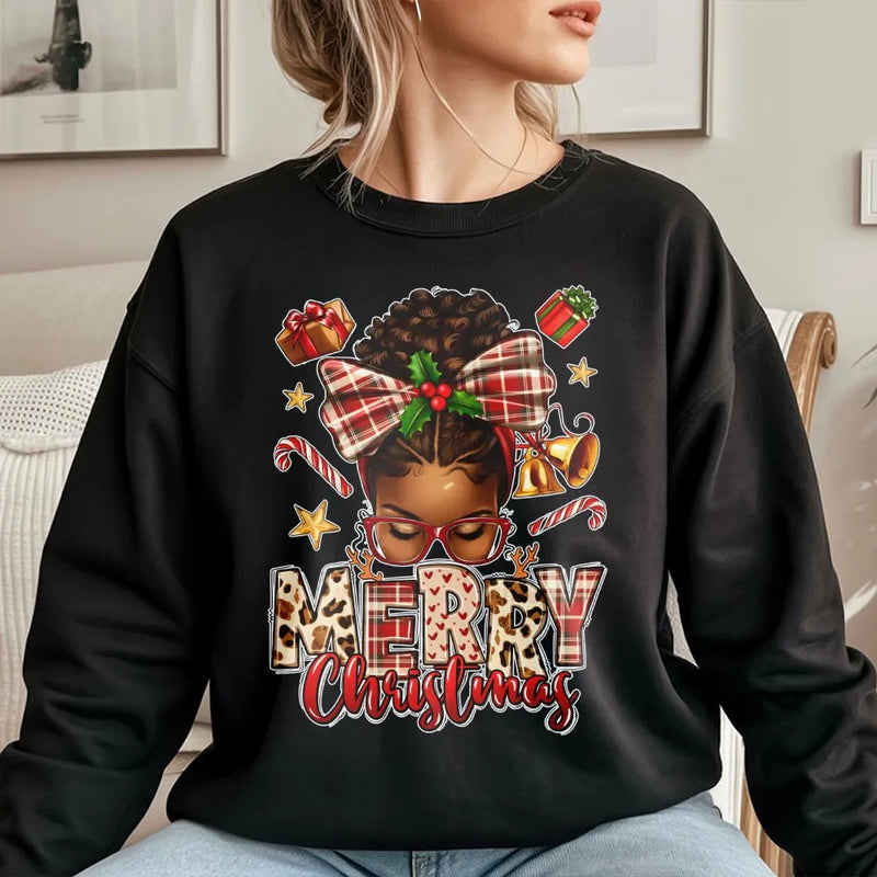 African American Holiday Sweatshirt, Afrocentric Merry Christmas Sweatshirt, Melanin Queen Plaid Bow Sweater, Black Woman Xmas Crewneck Present