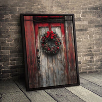 Red Barn Door Farmhouse Holiday Print, Rustic Christmas Wreath Canvas Wall Art, Winter Festive Decor, Digital Download Printable Poster