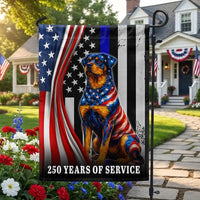 Rottweiler Thin Blue Line Garden Flag | 250 Years of Service Patriotic Dog | Double-Sided Weather-Resistant Polyester | Police Support Gift