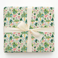 Coastal Palm Tree Gift Wrap Roll, Tropical Christmas Wrapping Paper, Village Winter Holiday Wrapping Paper, Beachy Christmas Gift Wrap