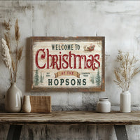 Rustic Santa Sleigh Canvas Wall Art, Personalized Family Christmas Sign, Custom Name Holiday Canvas Print, Farmhouse Xmas Wall Decor Present