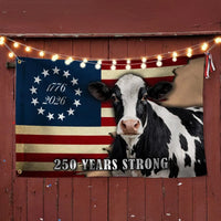 250 Years Strong Dairy Cow American Flag | 1776-2026 Betsy Ross Patriotic House Flag | UV-Resistant Polyester | Farm & Garden Decor