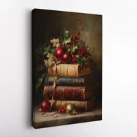 Antique Books and Holiday Ornaments Print, Christmas Still Life Canvas, Festive Christmas Canvas Art, Christmas Farmhouse Wall Decor Present