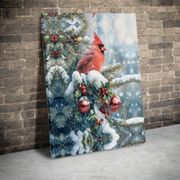 Snowy Christmas Branch Canvas Wall Art, Red Cardinal Canvas Print, Winter Cardinal Bird Wall Decor, Festive Holiday Woodland Art