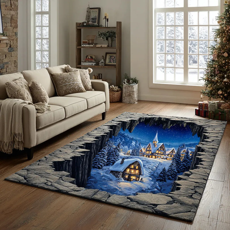 3D Winter Village Landscape Rug, Silent Cabin Area Rug, Snowy Forest Cabin Floor Carpet, Comfy Christmas Living Room Rug, Holiday Decor Present