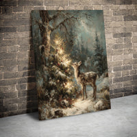Winter Woodland Deer Painting, Christmas Deer Canvas Wall Art, Snowy Forest Fawn Holiday Print, Festive Deer Wall Decor, Digital Download