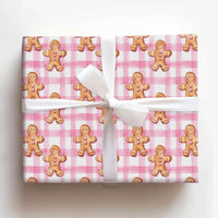 Watercolor Holiday Cookie Gift Wrap, Pink Gingham Gingerbread Man Wrapping Paper, Adorable Christmas Wrapping Paper, Sweet Present Packaging
