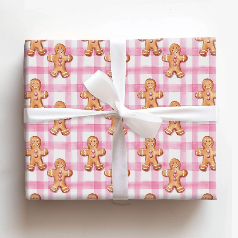 Watercolor Holiday Cookie Gift Wrap, Pink Gingham Gingerbread Man Wrapping Paper, Adorable Christmas Wrapping Paper, Sweet Present Packaging