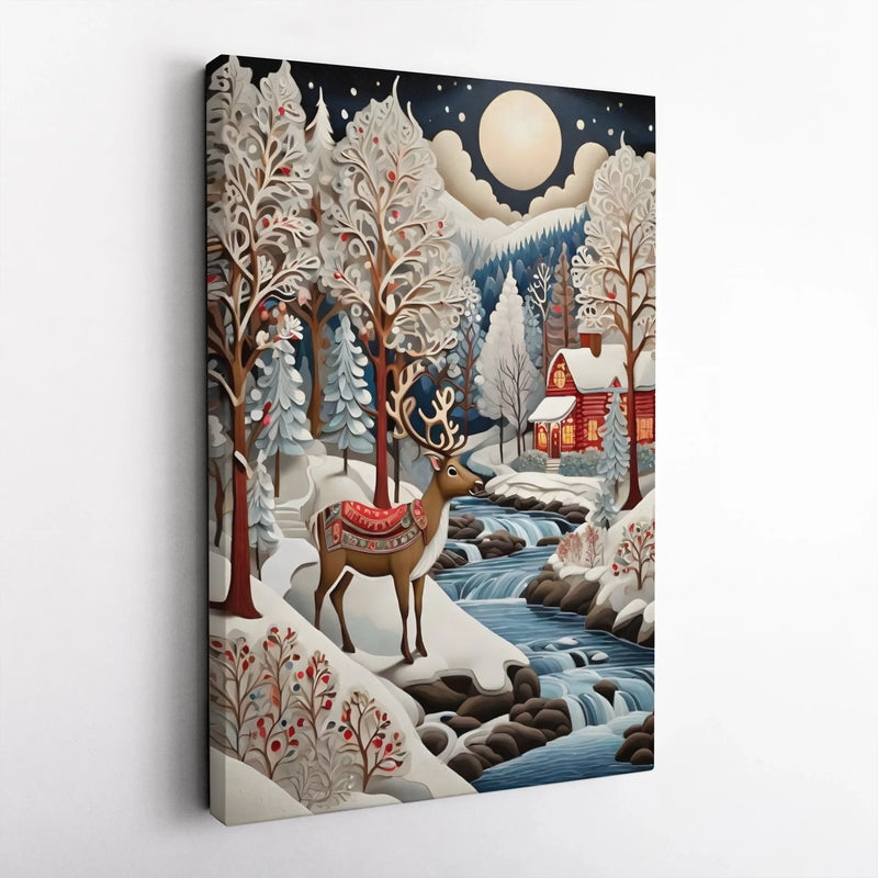 Snowy Forest Cabin Landscape Canvas Print, Winter Reindeer Canvas Wall Art, Rustic Christmas Holiday Canvas Decor, Comfy Living Room Artwork