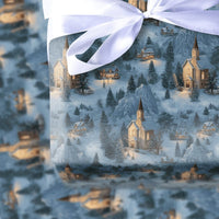 Snowy Mountain Gift Wrap, Winter Church Village Wrapping Paper, Comfy Winter Cabin Wrapping Paper, Serene Holiday Christmas Wrapping Paper