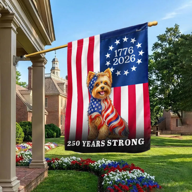 Yorkshire Terrier American Flag Garden Flag | 250 Years Strong 1776-2026 | Double-Sided Polyester | Patriotic Dog Lover Gift